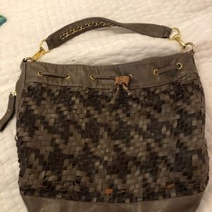 Gray woven leather handbag